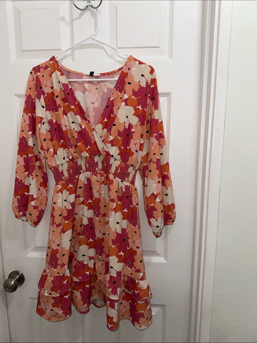 Long-Sleeve Floral Surplice Dress in Peach-Pink